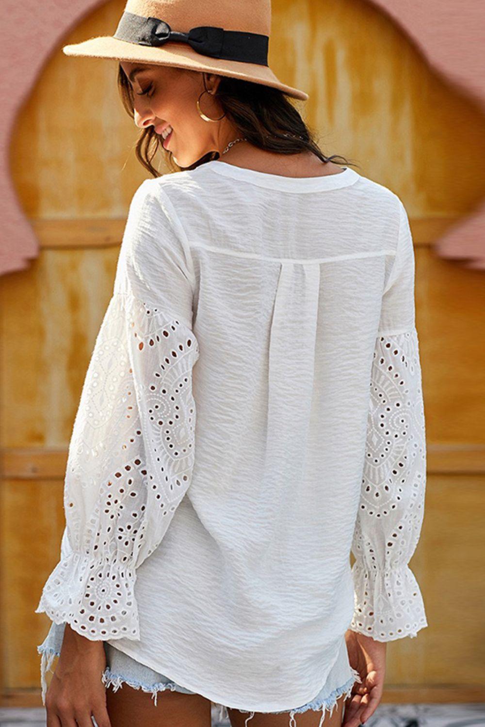 Crochet Flounce Sleeve Button Up Blouse - Honeypot