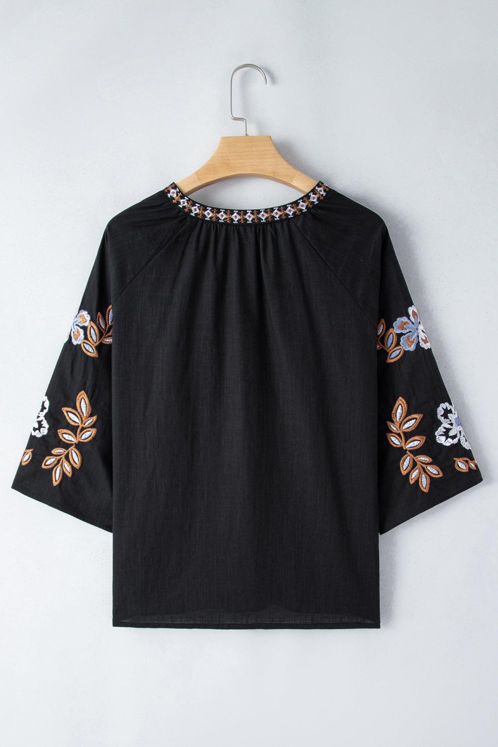 Bohemian Floral Embroidered V-Neck Blouse - Honeypot