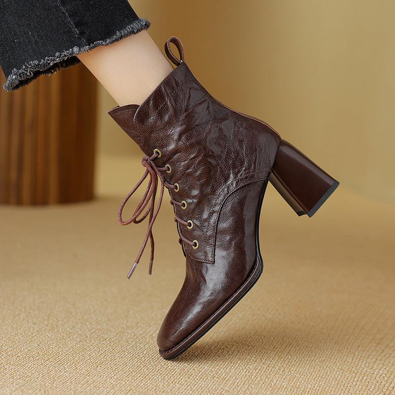 Leather Lace-Up Block Heeled Boots - Honeypot