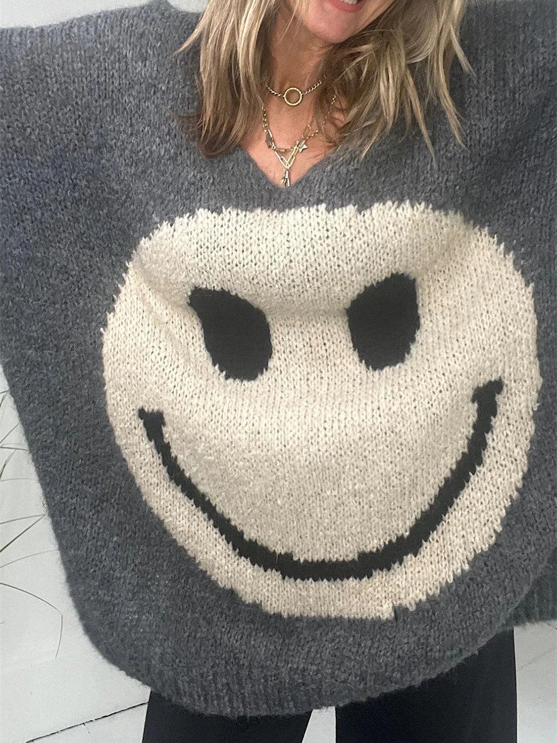 Smiley Face V-Neck Sweater - Honeypot