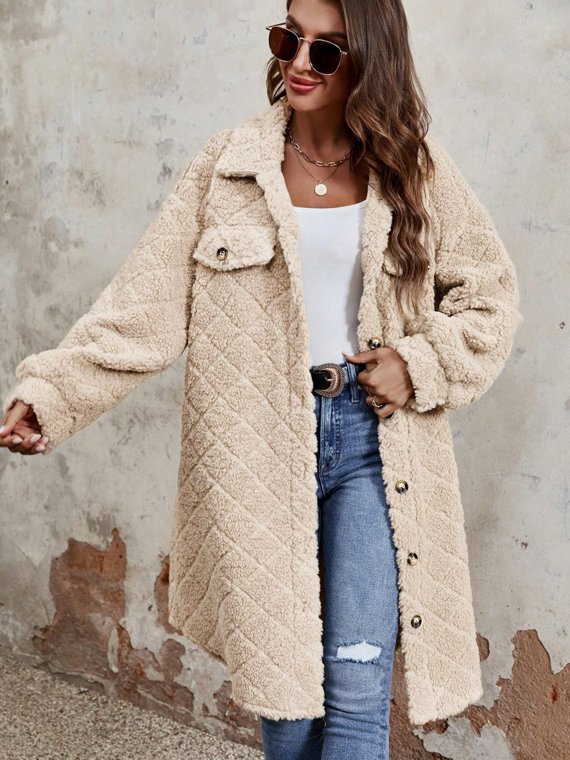 Fuzzy Button Up Dropped Shoulder Long Sleeve Coat - Honeypot