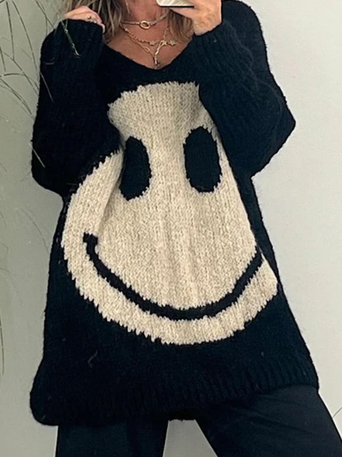 Smiley Face V-Neck Sweater - Honeypot