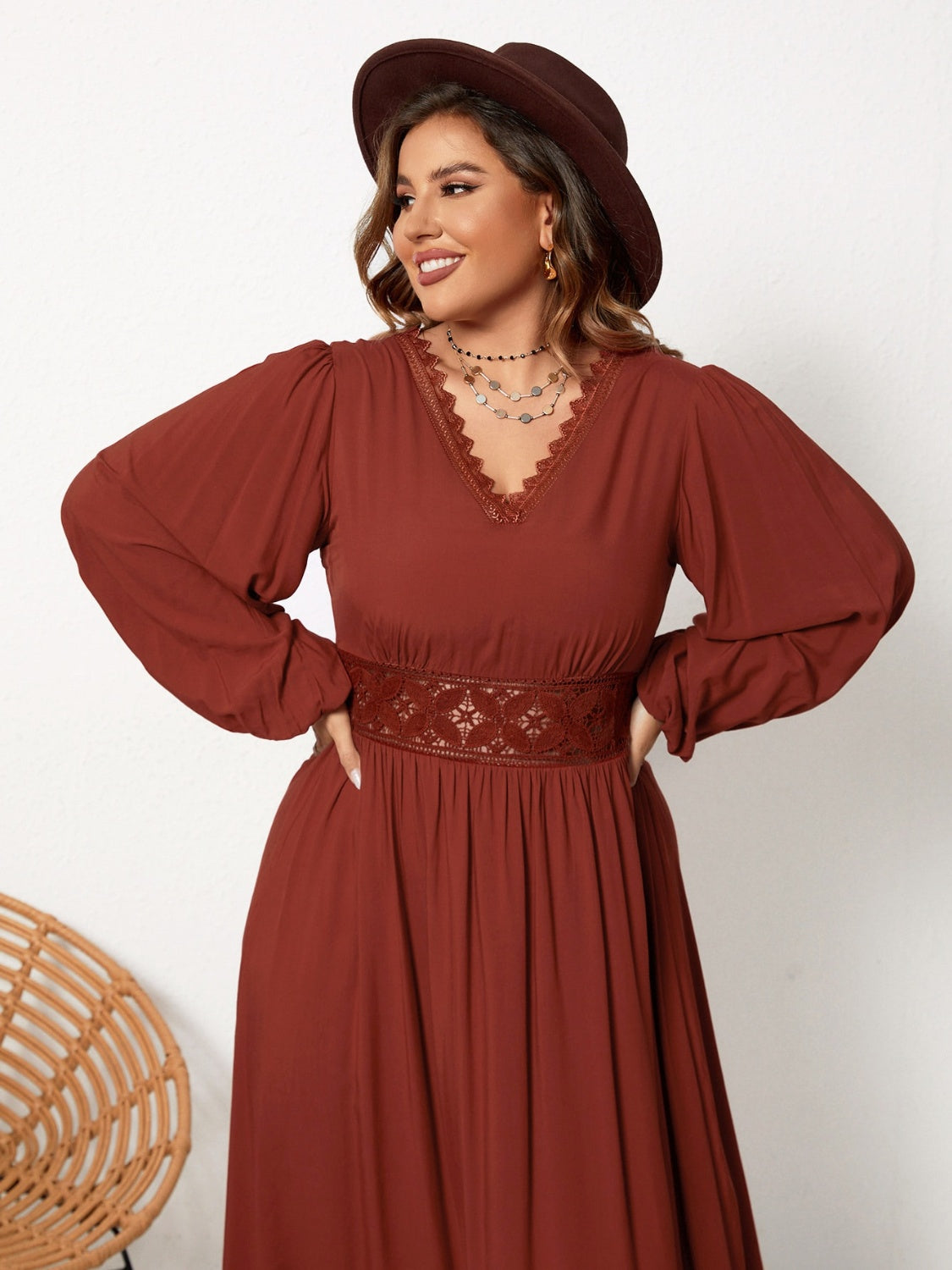 Plus Size Lace Detail V-Neck Balloon Sleeve Dress - Honeypot