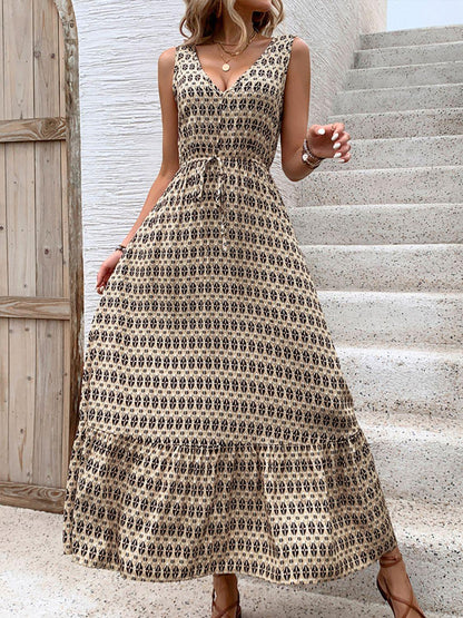 Printed V-Neck Tie Waist Midi Dress - Honeypot