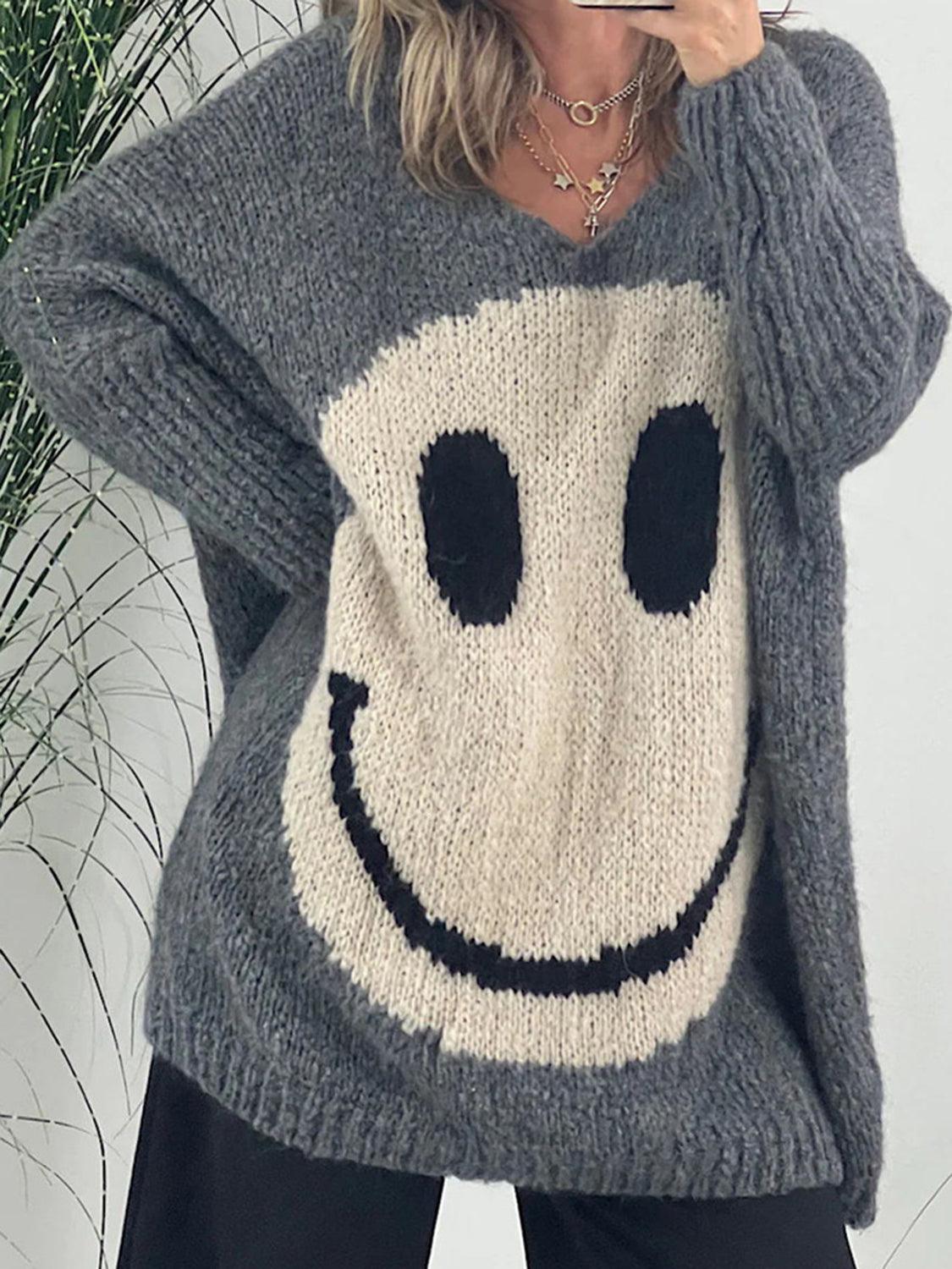 Smiley Face V-Neck Sweater - Honeypot