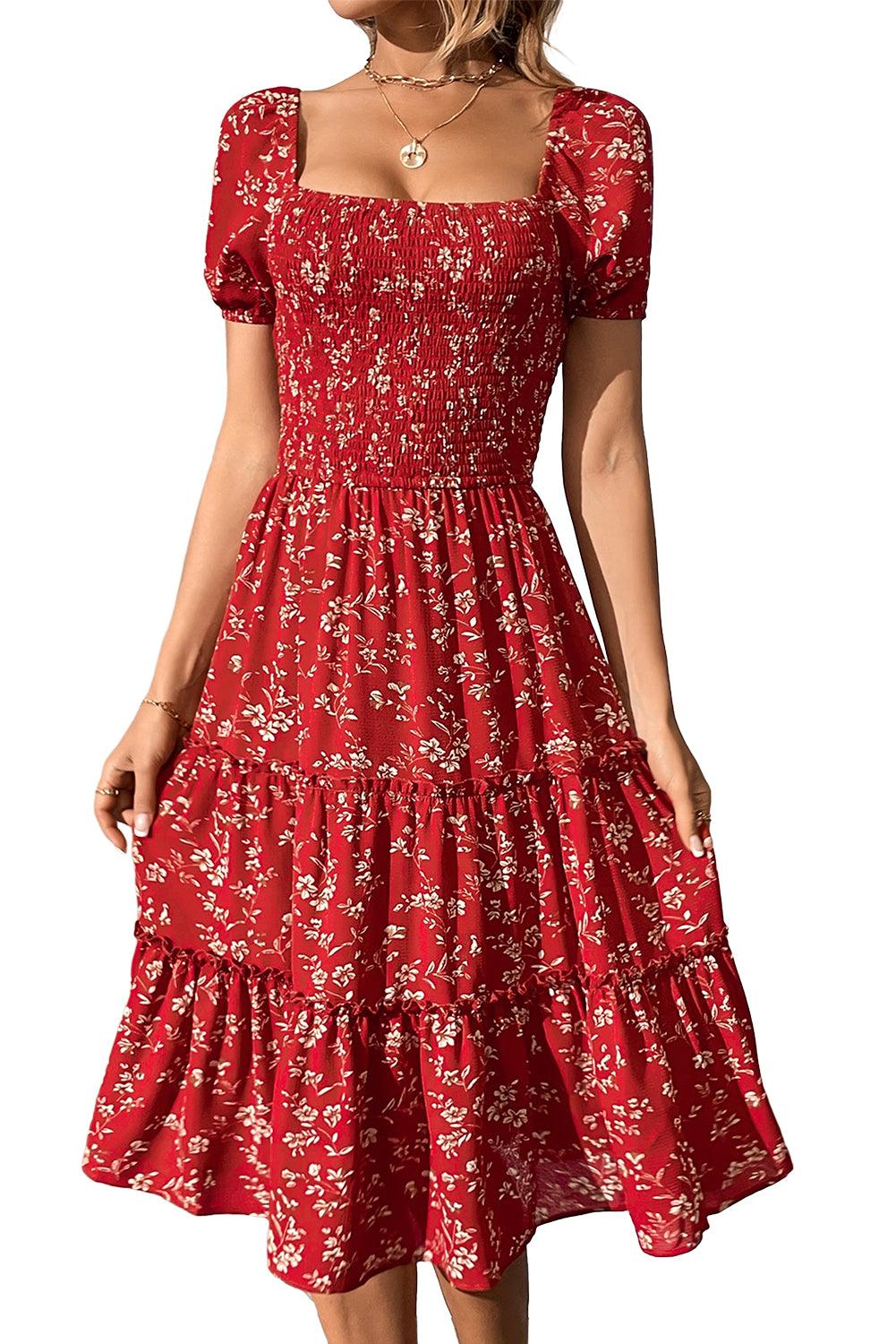 Red Floral Square Neck Midi Dress - Honeypot