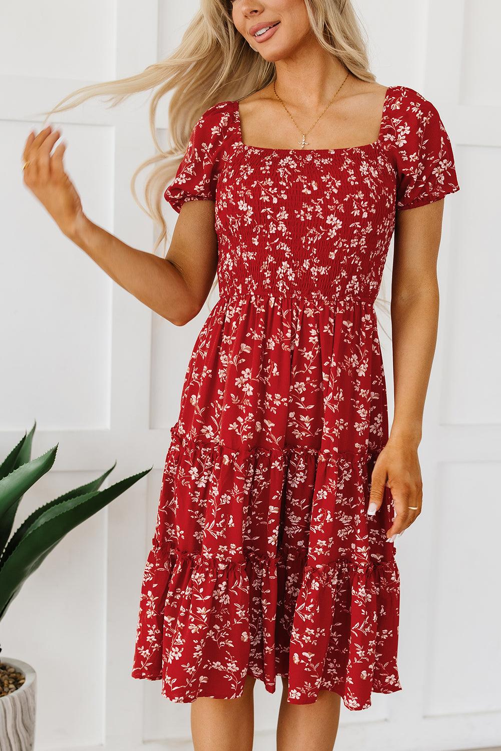 Red Floral Square Neck Midi Dress - Honeypot