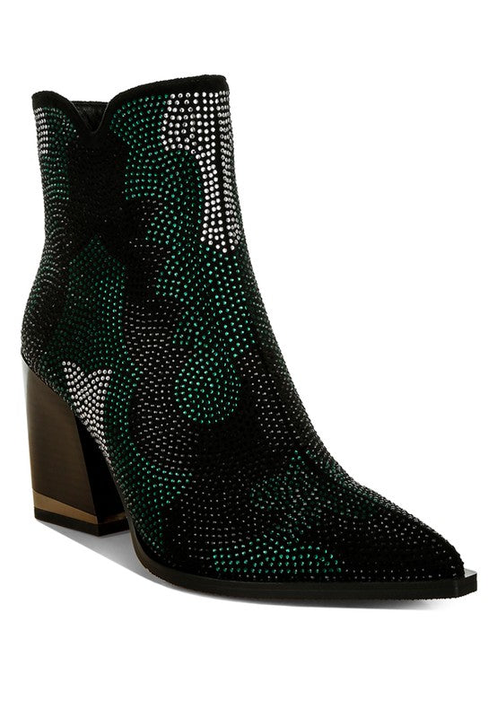 Zarka Rhinestones Embellished Block Heel Boots - Honeypot