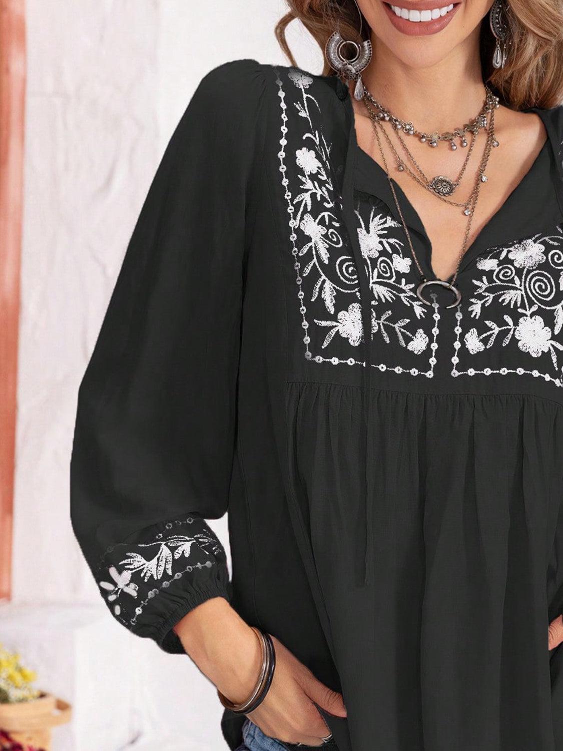 Floral Tie Neck Balloon Sleeve Blouse - Honeypot