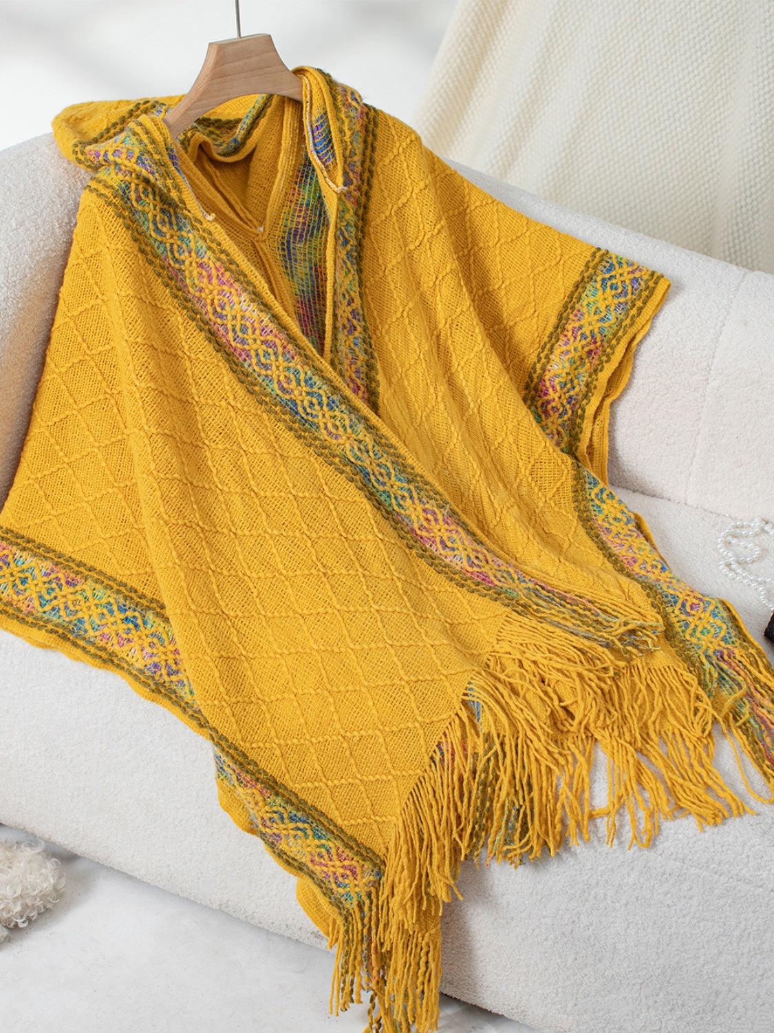 Fringe Half Sleeve Hooded Poncho - Honeypot