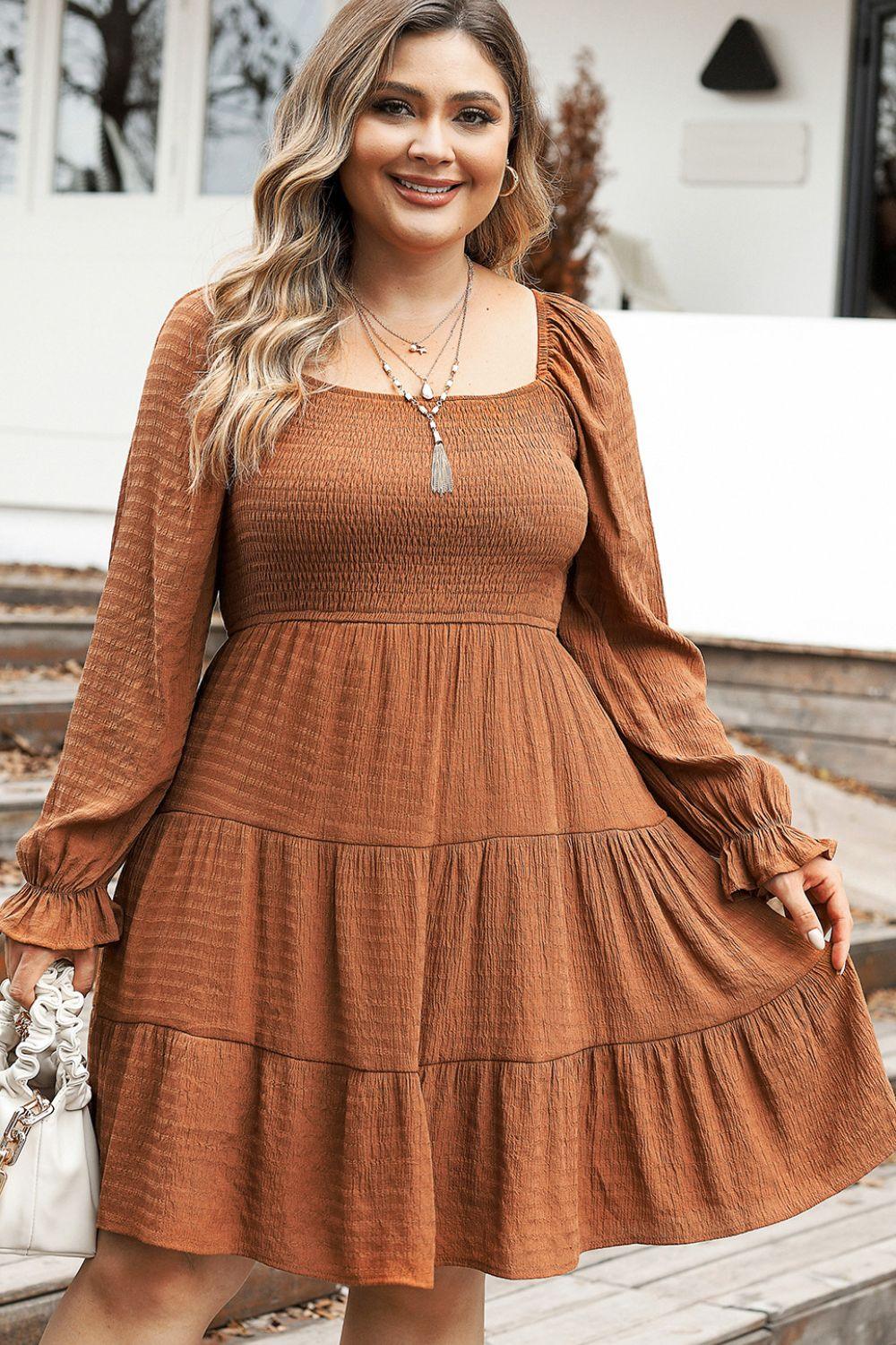 Plus Size Smocked Square Neck Tiered Dress - Honeypot