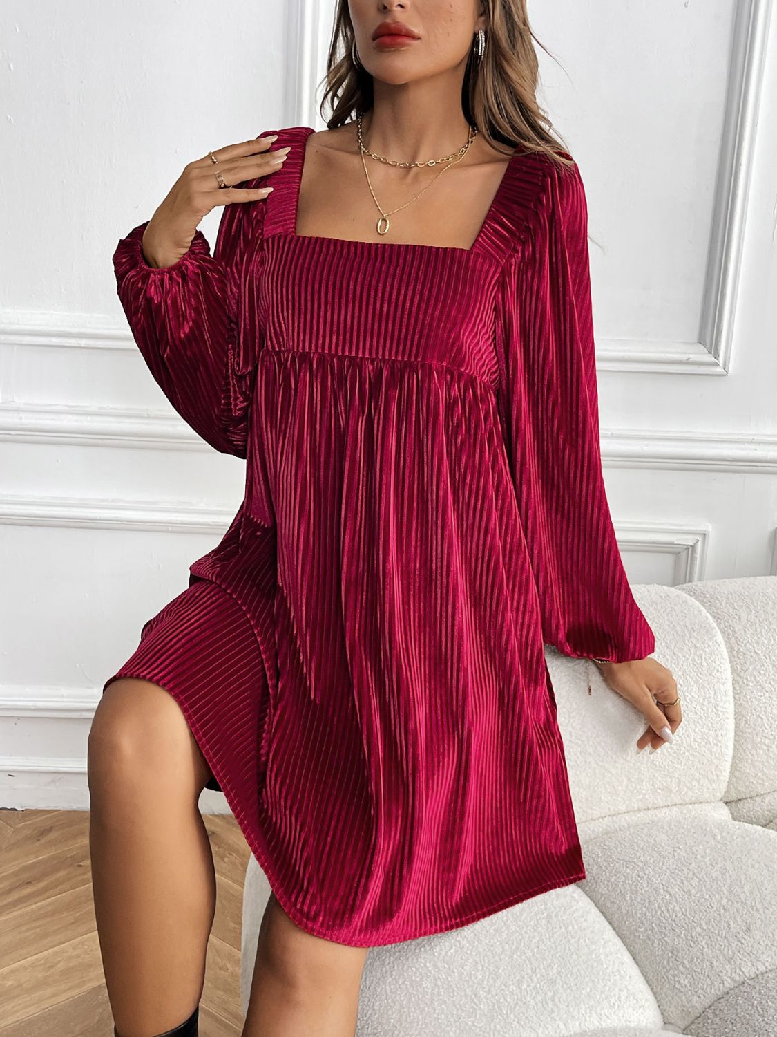 Perfee Tied Pocketed Square Neck Long Sleeve Dress - Honeypot