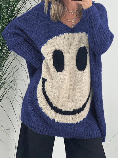 Smiley Face V-Neck Sweater - Honeypot