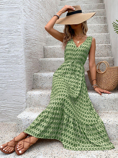 Printed V-Neck Tie Waist Midi Dress - Honeypot