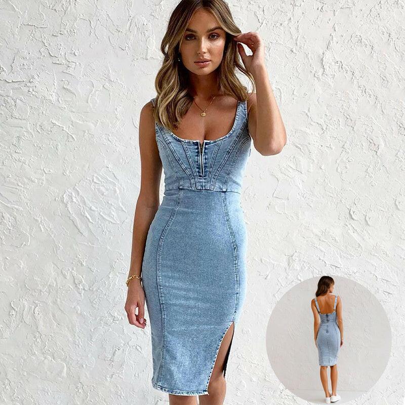 Distressed Wide Strap Bodycon Midi Dress - Honeypot