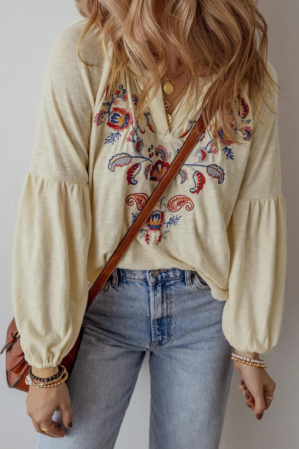 Embroidered Notched Long Sleeve Blouse - Honeypot