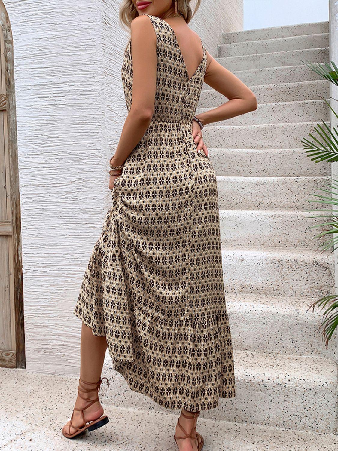 Printed V-Neck Tie Waist Midi Dress - Honeypot