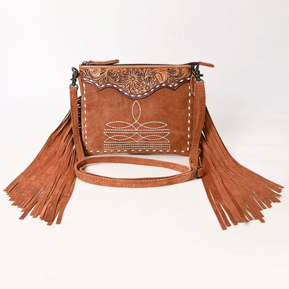 ADBG1648 Brown Suede Fringe Crossbody Bag with Tooled Leather Yoke & White Embroidery