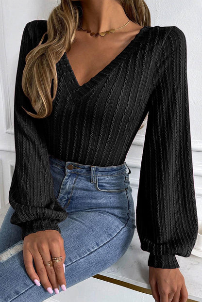 Black V-Neck Lantern Sleeve Top - Honeypot