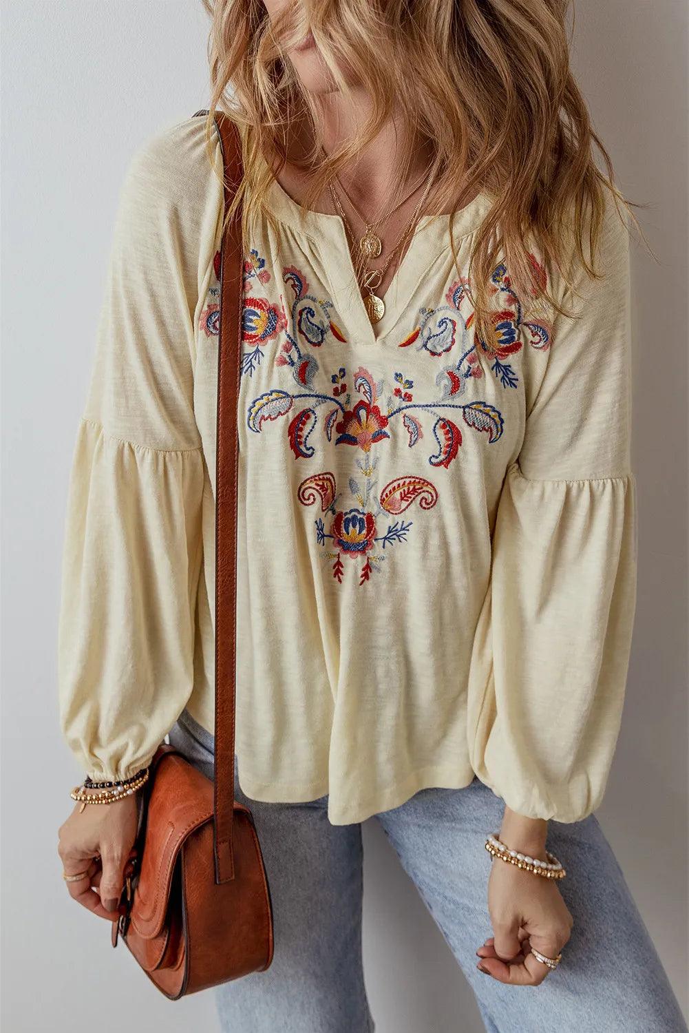 Embroidered Notched Long Sleeve Blouse - Honeypot