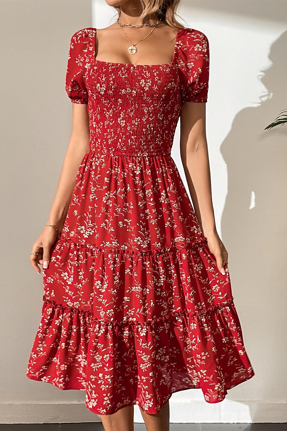 Red Floral Square Neck Midi Dress - Honeypot