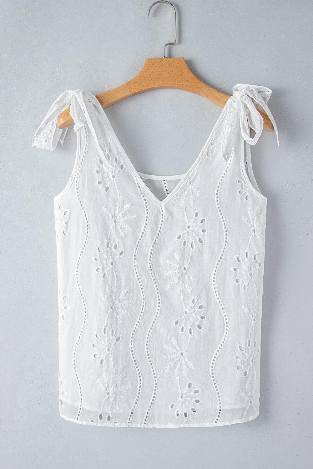 White Embroidered V-Neck Tank - Honeypot