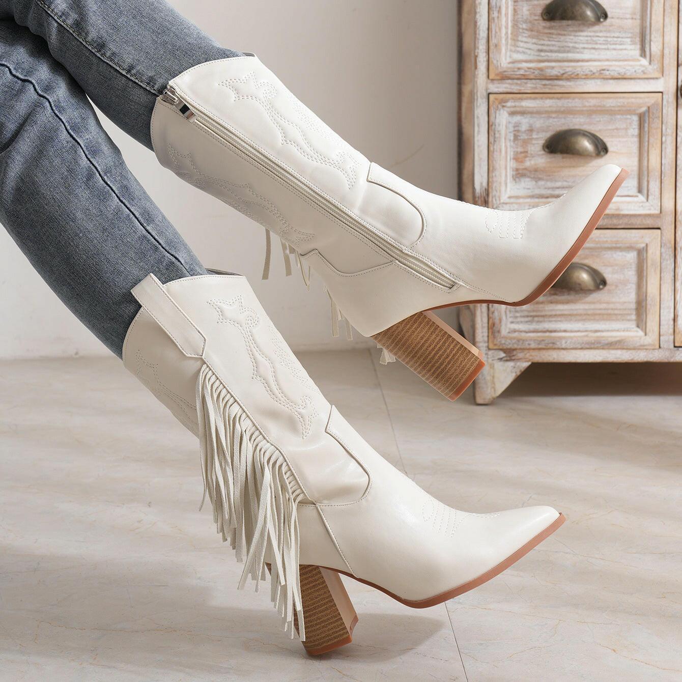 White Block Heel Western Boots - Honeypot