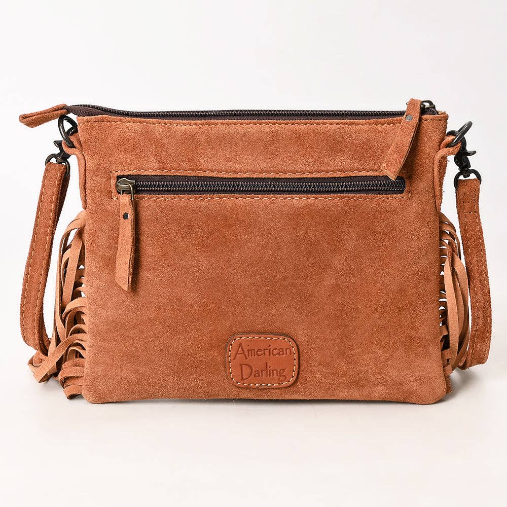 ADBG1648 Brown Suede Fringe Crossbody Bag with Tooled Leather Yoke & White Embroidery