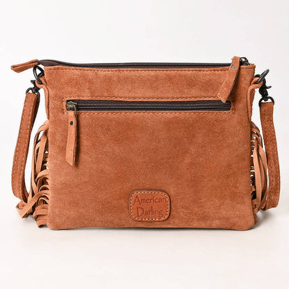 ADBG1648 Brown Suede Fringe Crossbody Bag with Tooled Leather Yoke & White Embroidery