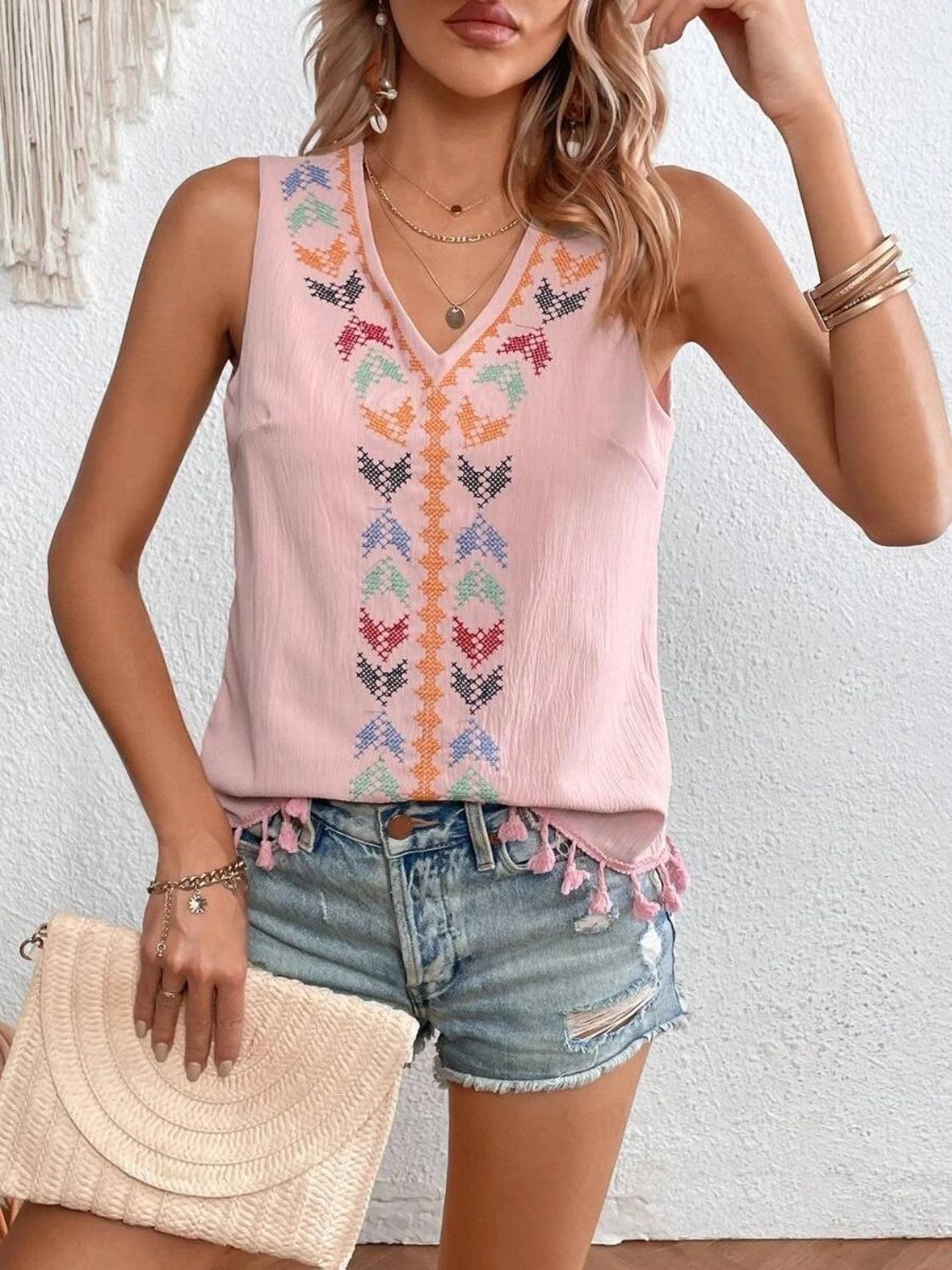 Tassel Printed V-Neck Tank - Honeypot