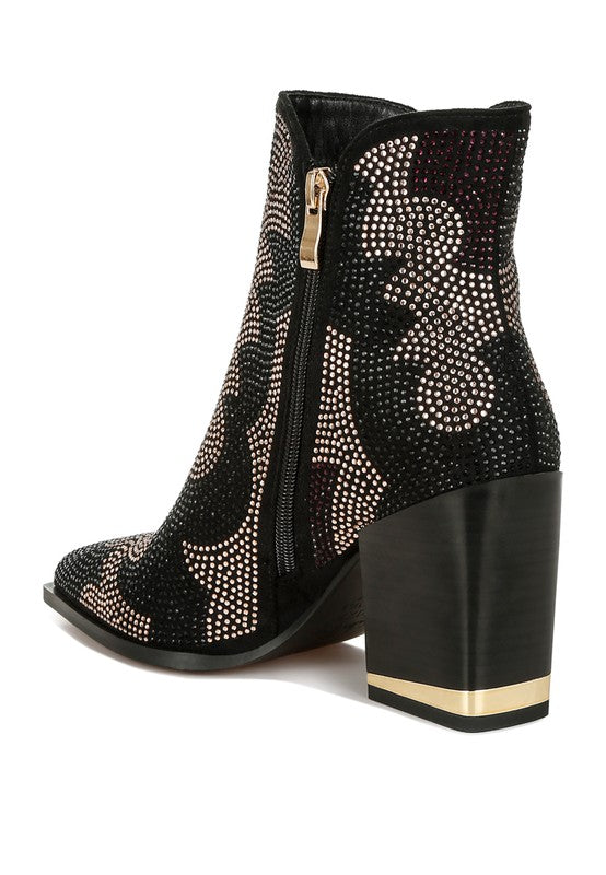 Zarka Rhinestones Embellished Block Heel Boots - Honeypot