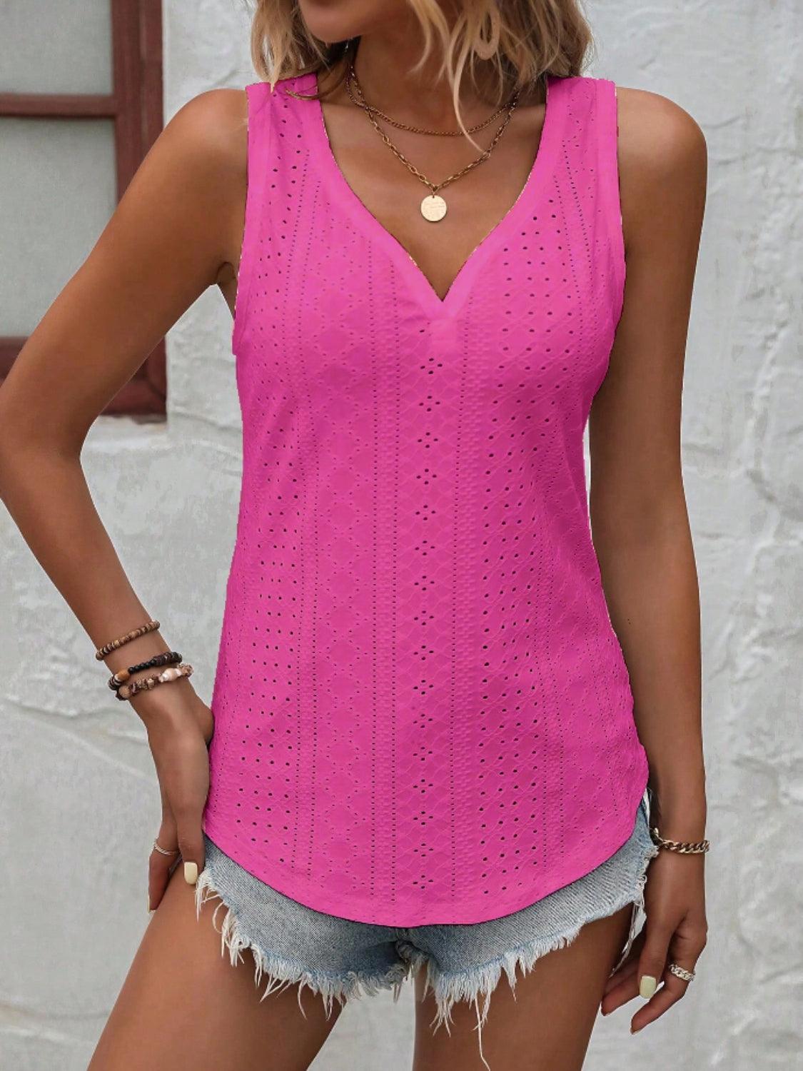 Eyelet V-Neck Wide Strap Tank - Honeypot