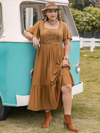 Plus Size Square Neck Short Sleeve Ruffle Hem Dress - Honeypot