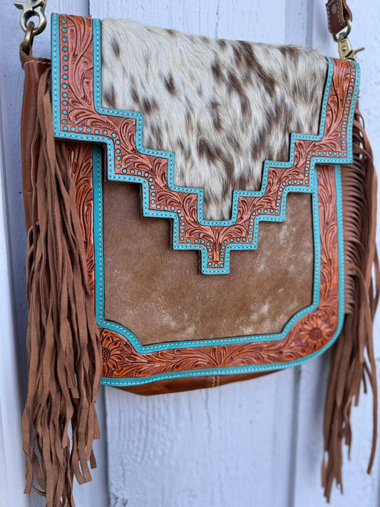 Teal aztec fringe bag