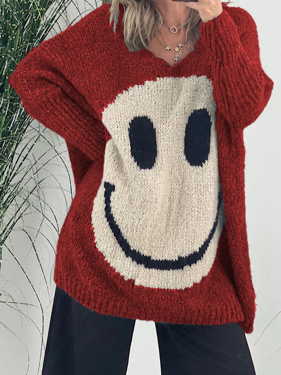 Smiley Face V-Neck Sweater - Honeypot