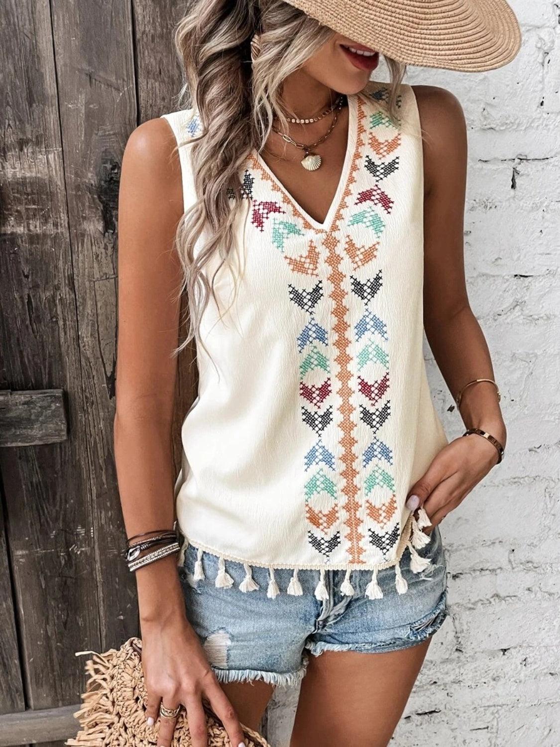 Tassel Printed V-Neck Tank - Honeypot