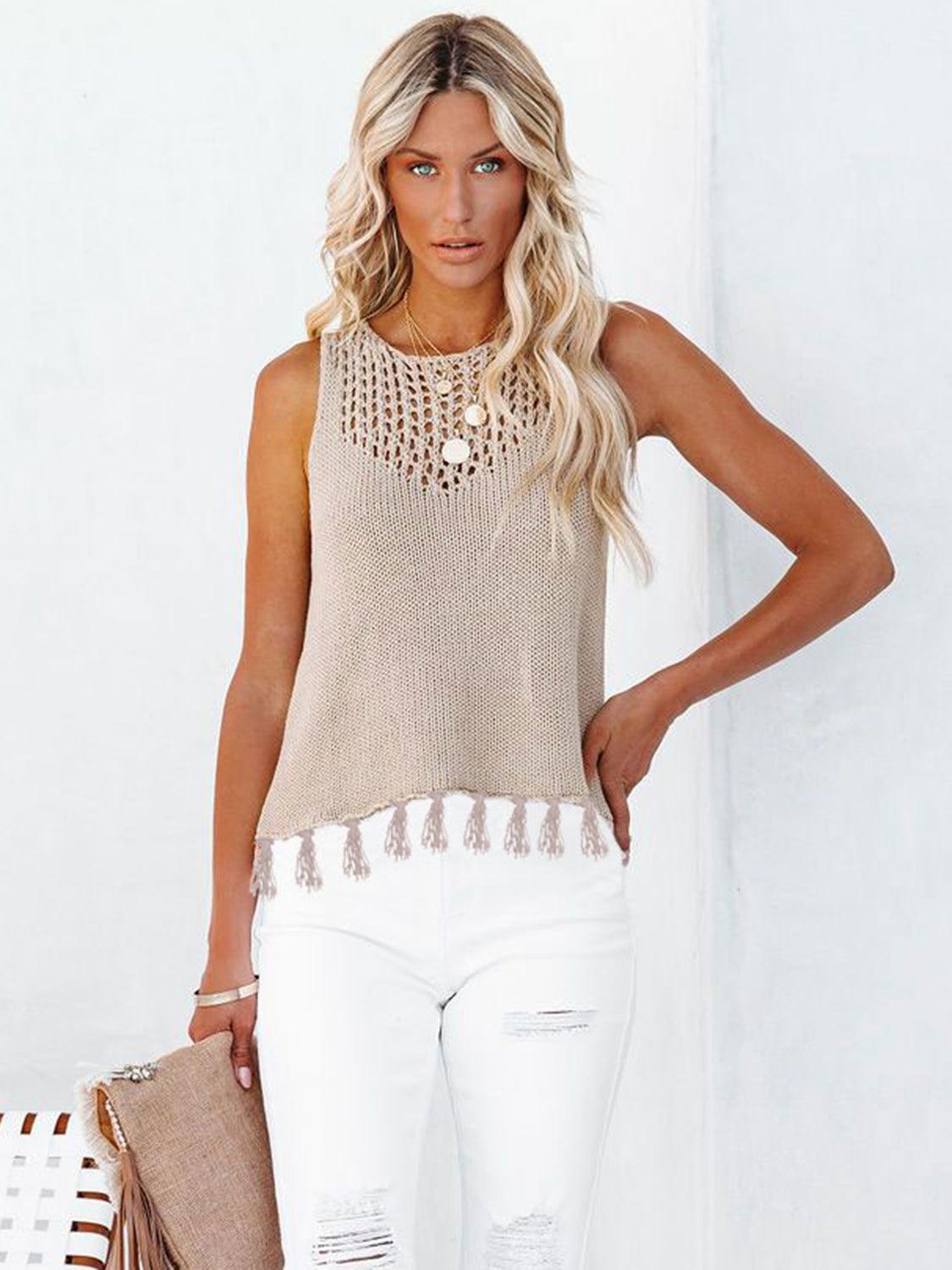 Cutout Tassel Round Neck Tank - Honeypot