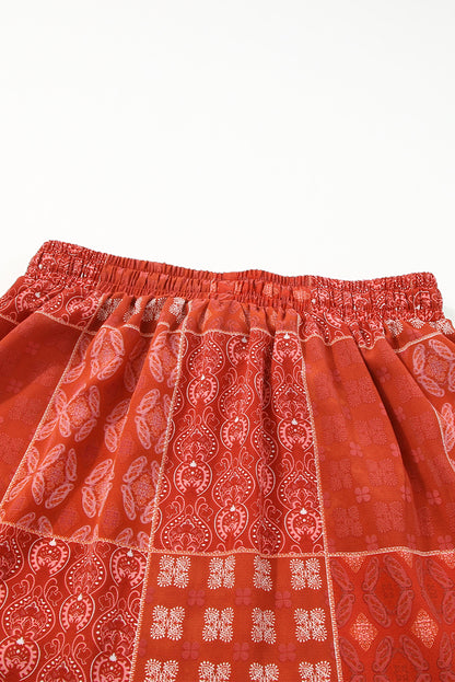 Fiery Red Bohemian Mix Print Long Flared Skirt - Honeypot