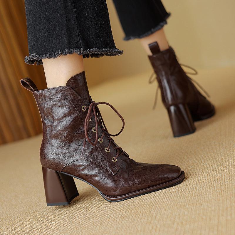 Leather Lace-Up Block Heeled Boots - Honeypot