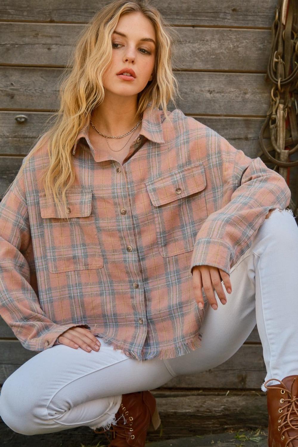 Plaid Button Up Raw Hem Shirt - Honeypot