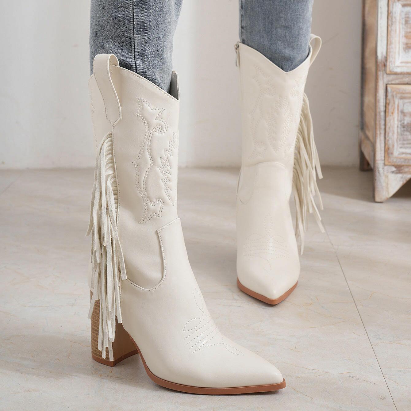 White Block Heel Western Boots - Honeypot