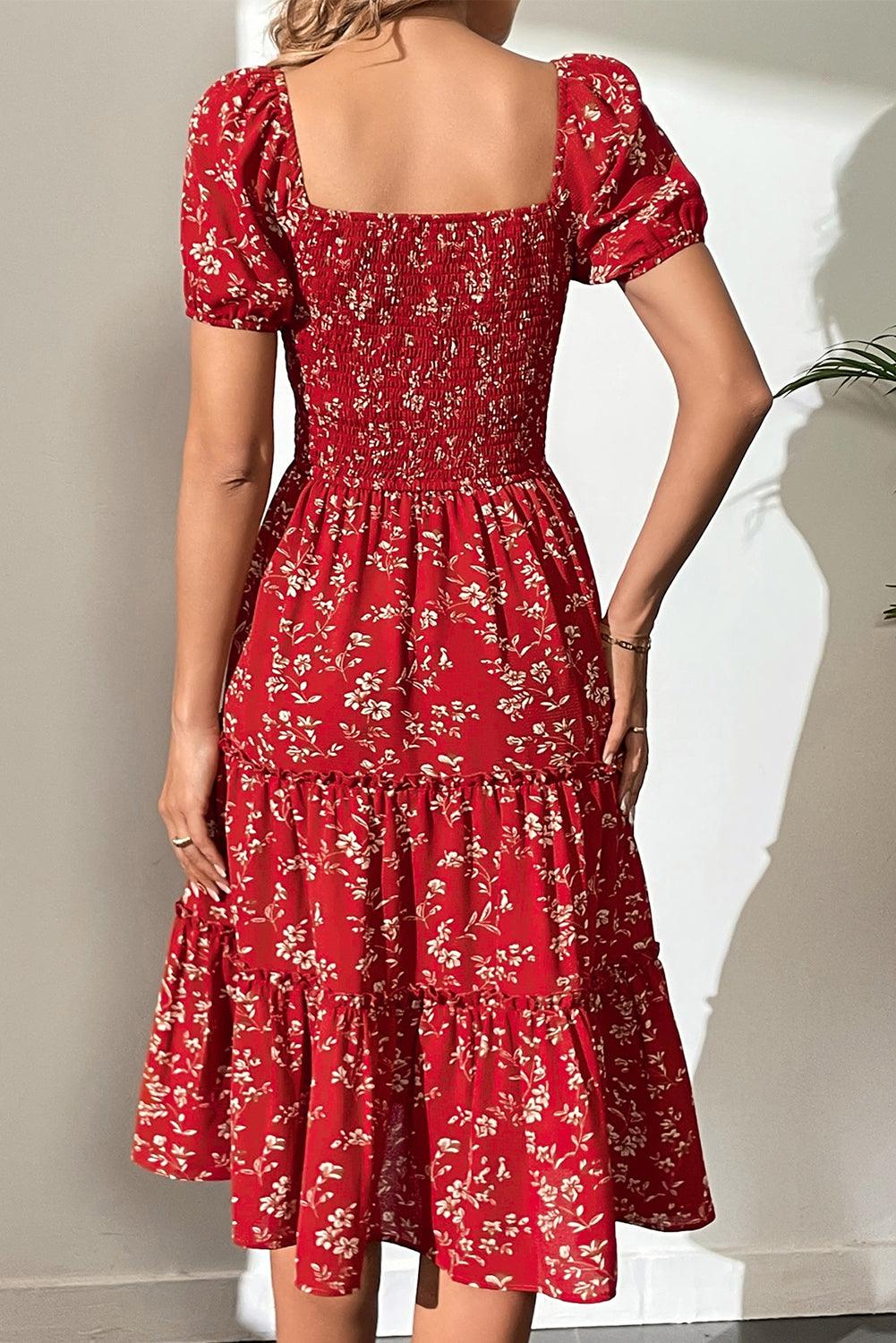 Red Floral Square Neck Midi Dress - Honeypot