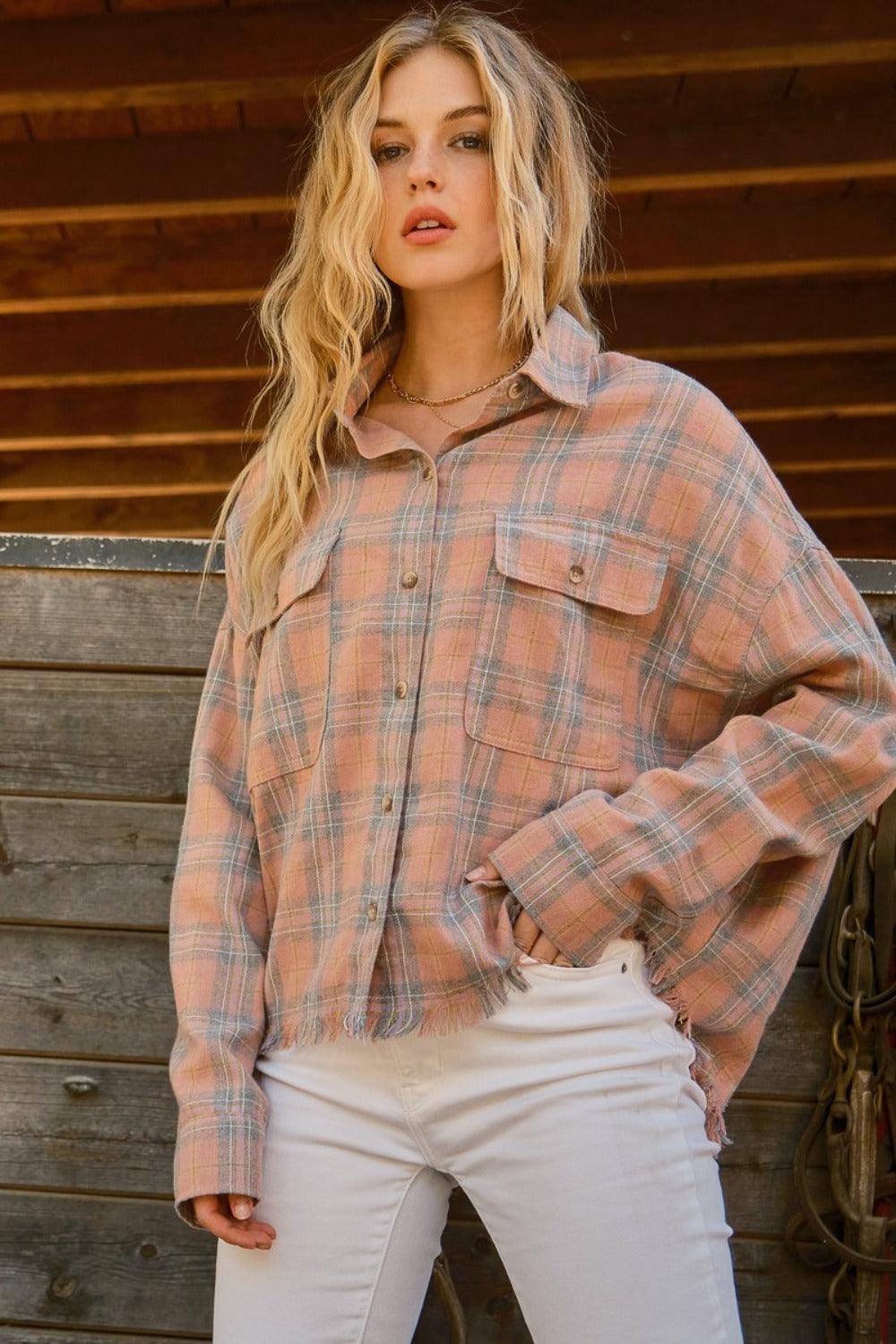 Plaid Button Up Raw Hem Shirt - Honeypot