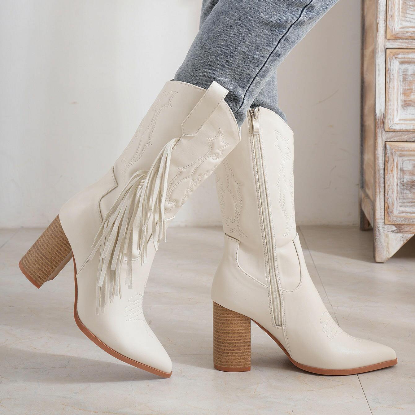 White Block Heel Western Boots - Honeypot