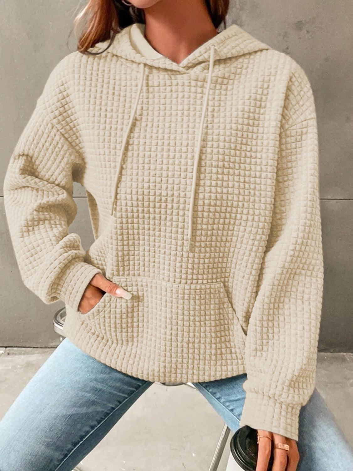 Textured Drawstring Drop Shoulder Hoodie - Honeypot