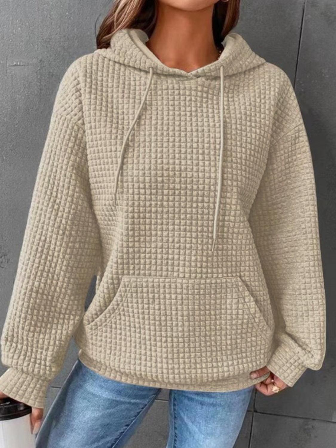 Textured Drawstring Drop Shoulder Hoodie - Honeypot