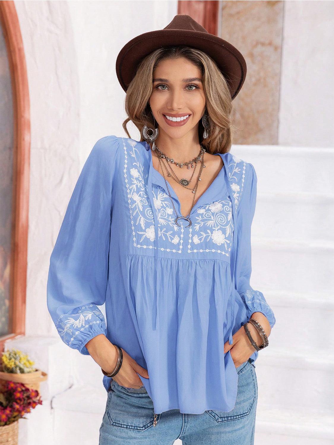 Floral Tie Neck Balloon Sleeve Blouse - Honeypot