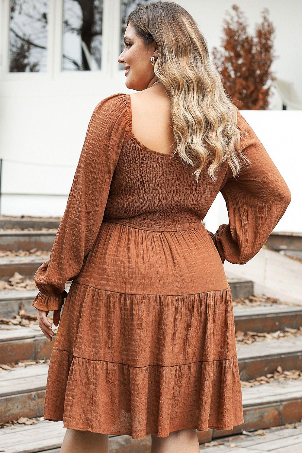 Plus Size Smocked Square Neck Tiered Dress - Honeypot