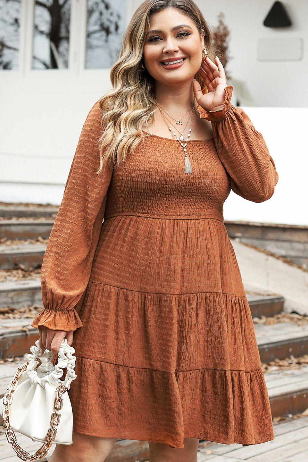 Plus Size Smocked Square Neck Tiered Dress - Honeypot