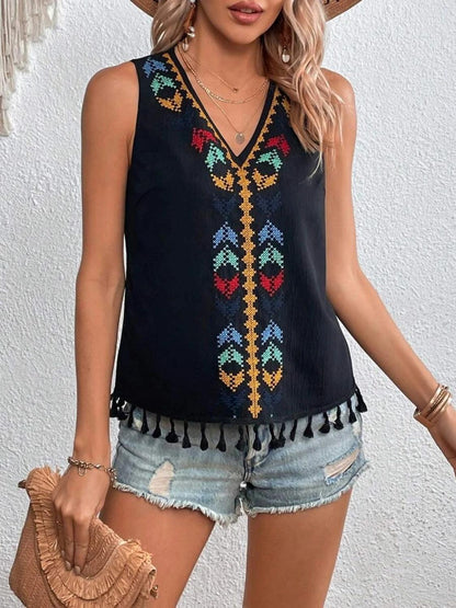 Tassel Printed V-Neck Tank - Honeypot